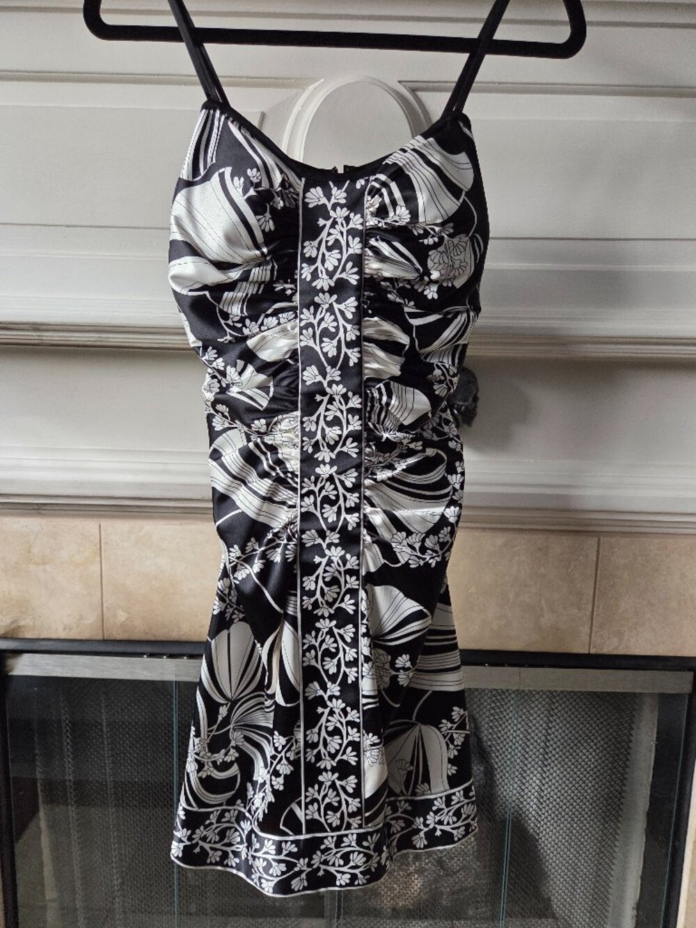 VINTAGE Maggy London 1990's Black & White Print Ruched Mini Dress Size S